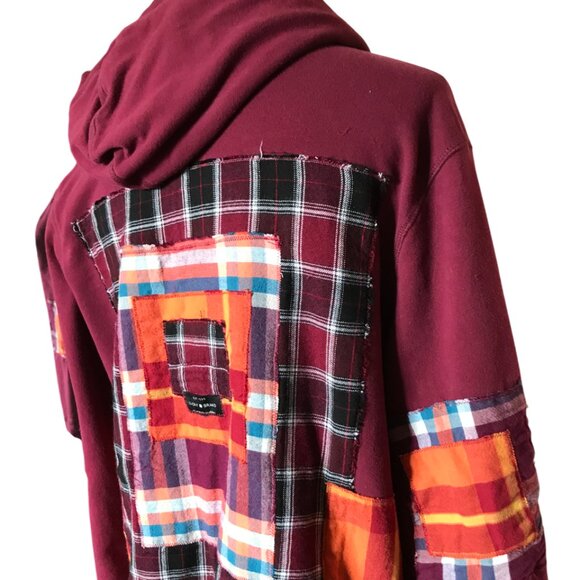 Upcycled Patchwork Hoodie, Size M: Magenta Boho Snap Front Jacket, Campus Grunge - Picture 7 of 17